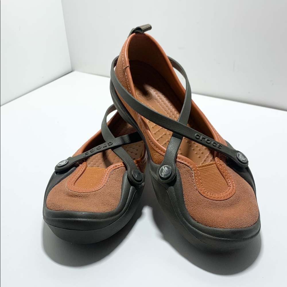 Crocs Celeste Woman’s 5 Orange Suede Leather Canvas Cross Straps Mary Jane Flats